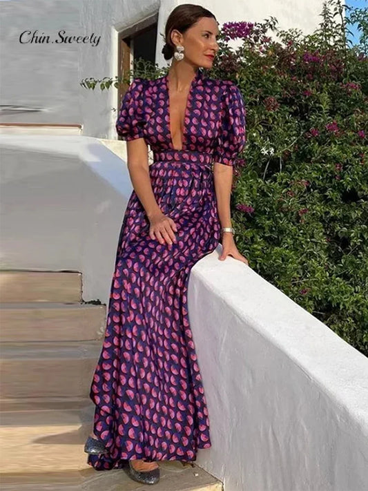 Robe de soirée violette à col en V profond pour femme, tenue de soirée plissée à manches bouffantes, style trapèze