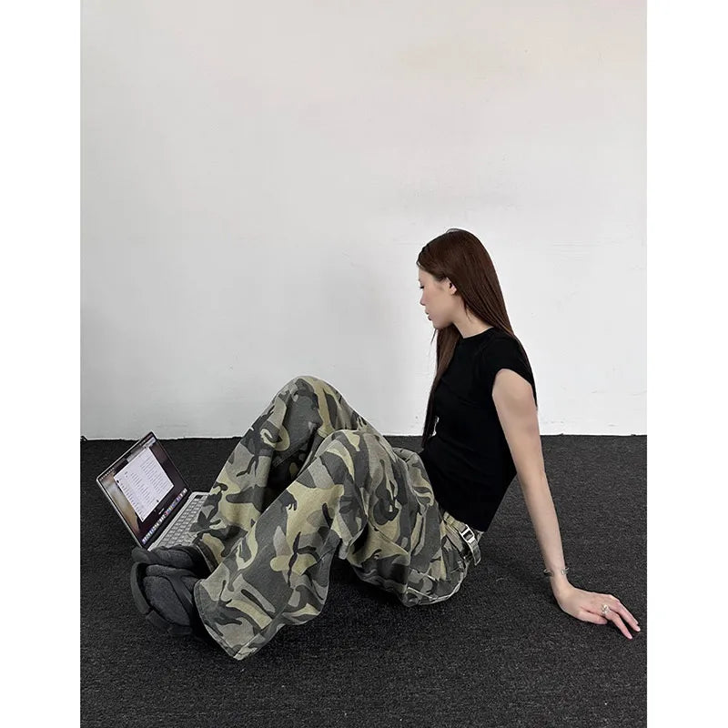 Salopette verte taille basse pour femme, style camouflage, mode américaine, ample, streetwear, jambes larges, pantalon ample et droit