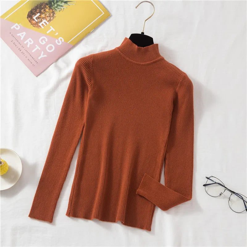 ZOKI Autumn Women Pullover Sweater Fashion Half Turtleneck Knitted Female Jumper Long Sleeve Winter Black Soft Elastic Blouse