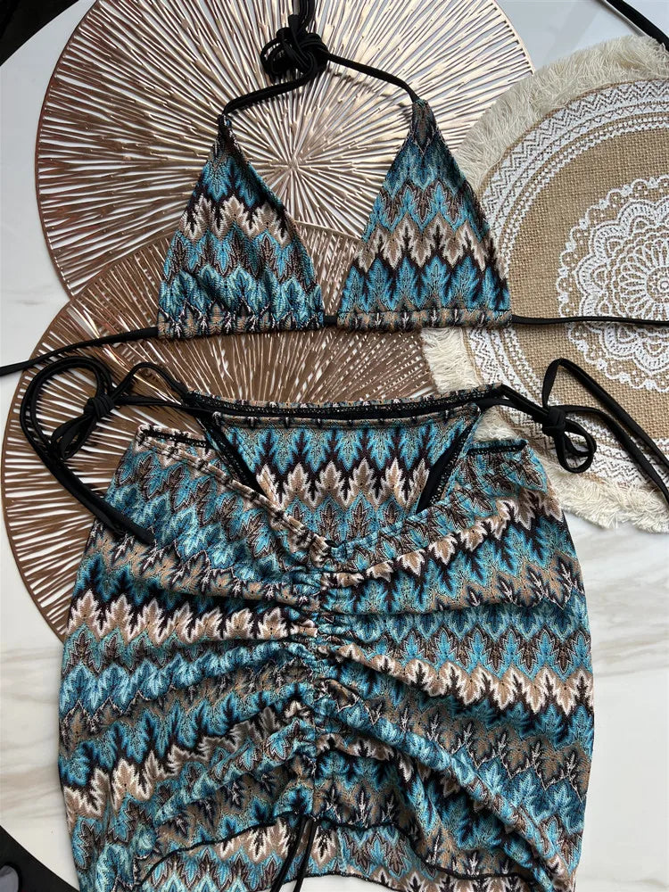 Maillot de bain pour femme, jupe de bikini tricotée à feuilles d'érable colorées, ensemble trois pièces, maillot de bain fendu, bikini