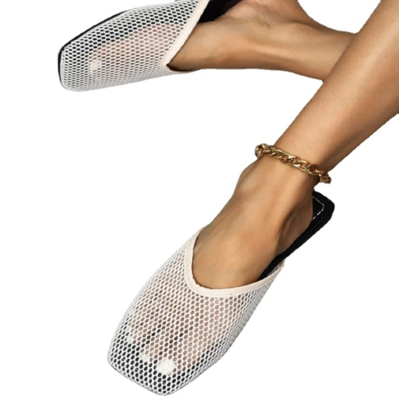 New Women's Slippers Fashion Mesh Flat Bottom Square Toe Flip Flops Hollow Casual Simple Solid Sandals Plus Size Chinelo Nuvem