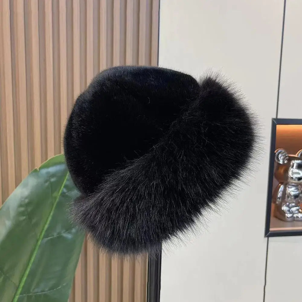 New Women Warm Thick Bucket Hats Fluffy Fur Panama Cap Plush Windproof Ear Protection Caps Solid Luxury Fisherman Hat 2024