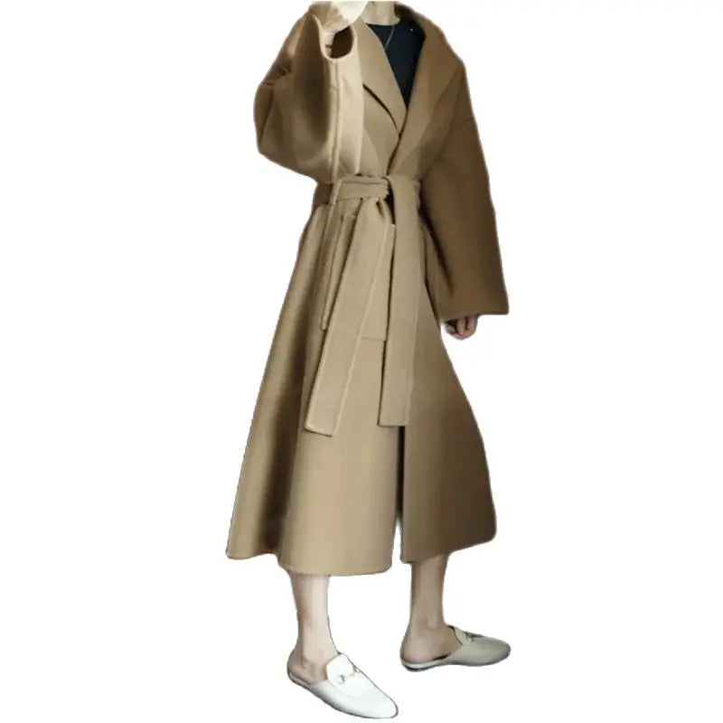 Manteau pour femme en laine pure 100 % avec fente latérale Manteau long en laine double face Vêtements amples et confortables pour femmes