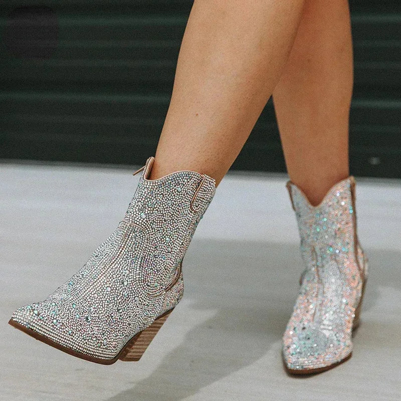 Western Cowboy Boots Fashion Women Ankle Boots Glitter Bling Shiny Trend High Heels High Quality Shoes Botas De Mujer 2024