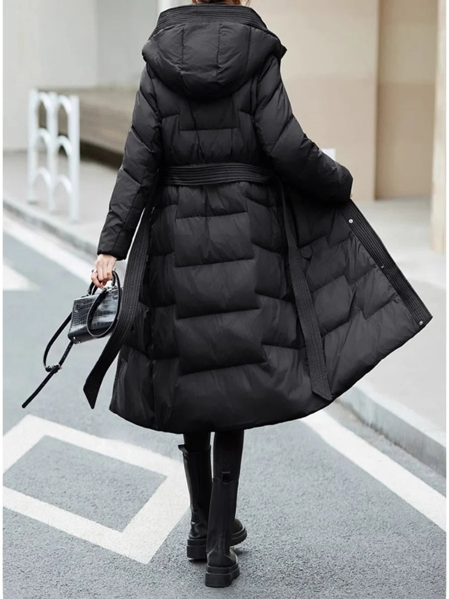 FTLZZ Winter Women White Duck Down Coat Lady Hooded Zipper Long Outwear Casual Thick Warm Solid Coat with Belt