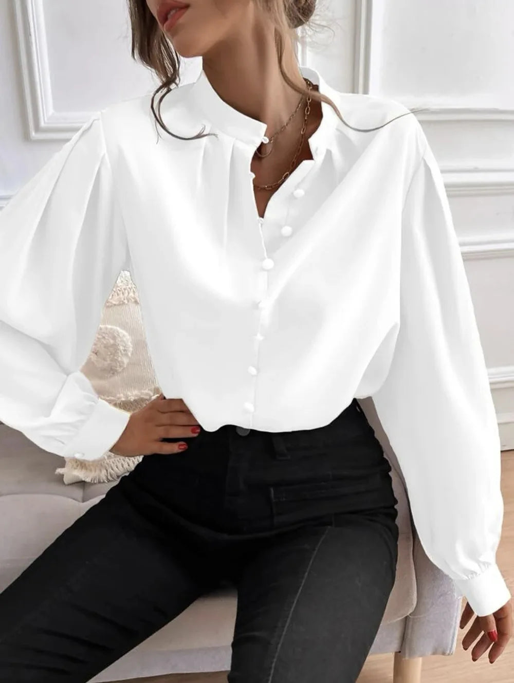 Elegant Temperament Female Clothing Solid Loose Fitting Lantern Long Sleeves Blouse Half Open Collar Pleated Pullover Shirt