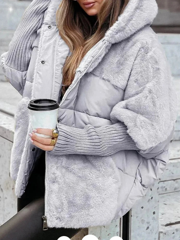 Winter Comfort Chic Hooded Jacket Loose Zipper Coat Women's Cotton Coat Elastic Ribbed Sleeve Parka Faux Fur Spliced Overcoat