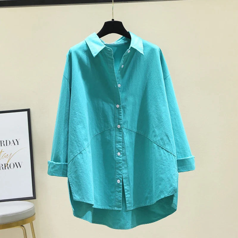 Spring 2022 Female KPOP Fashion Style Cotton Oversized Loose Casual Lapel Buttons Asymmetrical Solid Long Sleeve Shirt Blouse