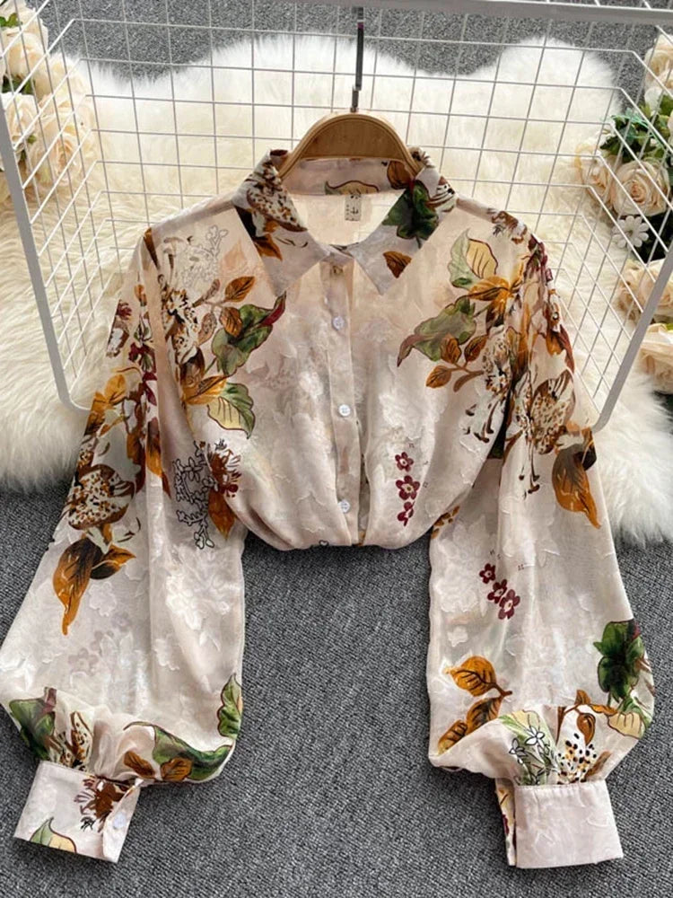 Spring Autumn Temperament Fashion Retro Chiffon Floral Blouses Print Loose Lapel Puff Sleeve Top Button Up Shirt Female GD611