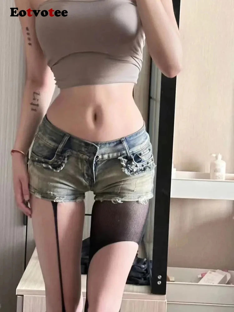 EOTVOTEE Low Waist Denim Super Shorts Women's Summer Retro Pure Desire Sle Slim Looking Hip Pants Fashion Y2g American Sle Sexy