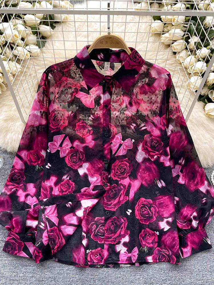 Spring Autumn Temperament Fashion Retro Chiffon Floral Blouses Print Loose Lapel Puff Sleeve Top Button Up Shirt Female GD611