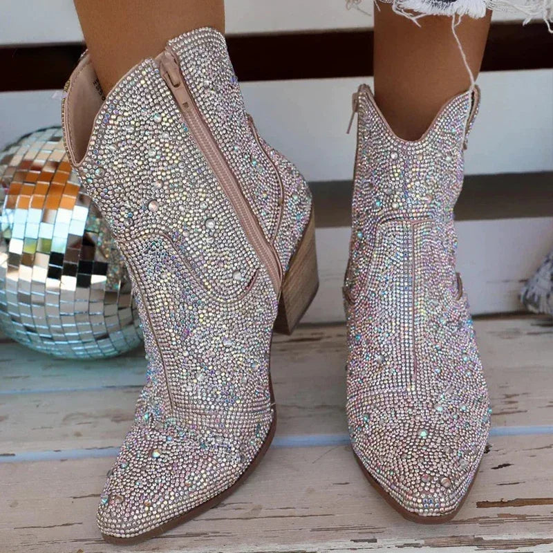 Western Cowboy Boots Fashion Women Ankle Boots Glitter Bling Shiny Trend High Heels High Quality Shoes Botas De Mujer 2024