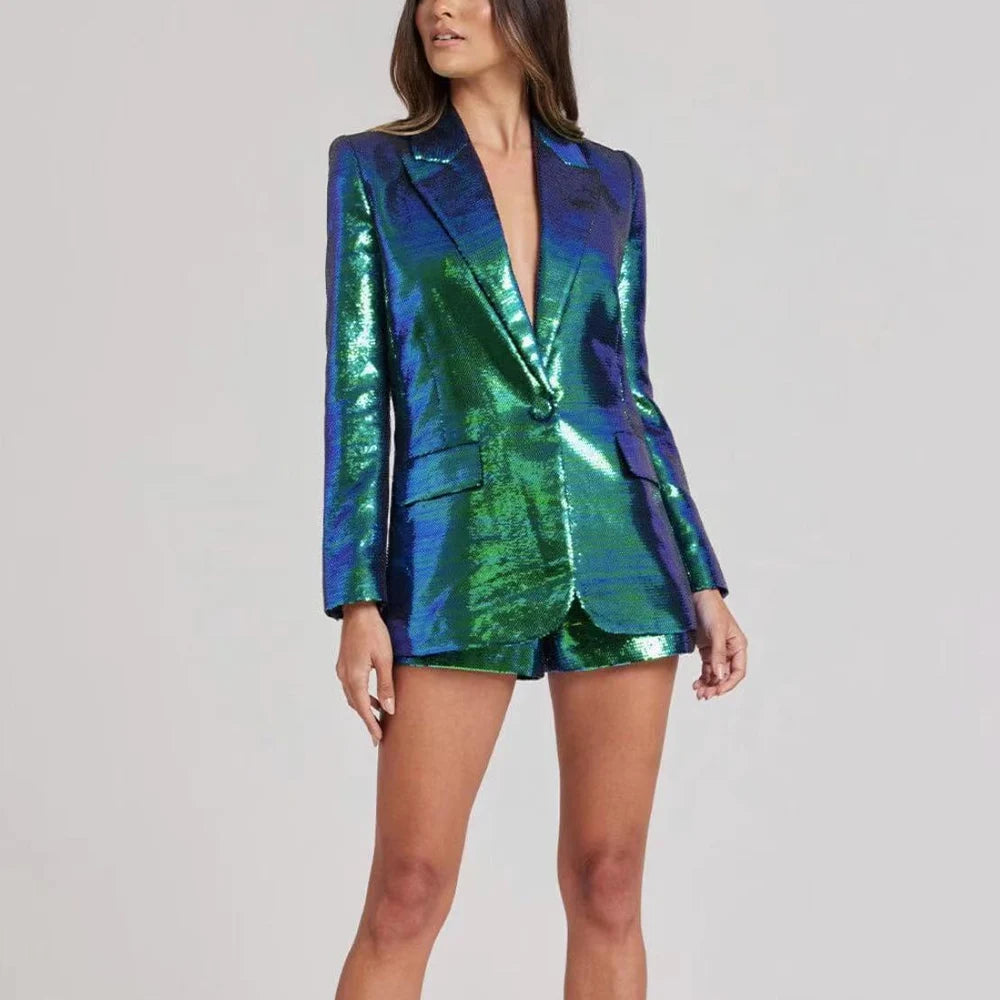 Ensemble 2 pièces blazer et short pour femme, vêtements accrocheurs, dégradé de couleurs scintillantes, paillettes vert foncé