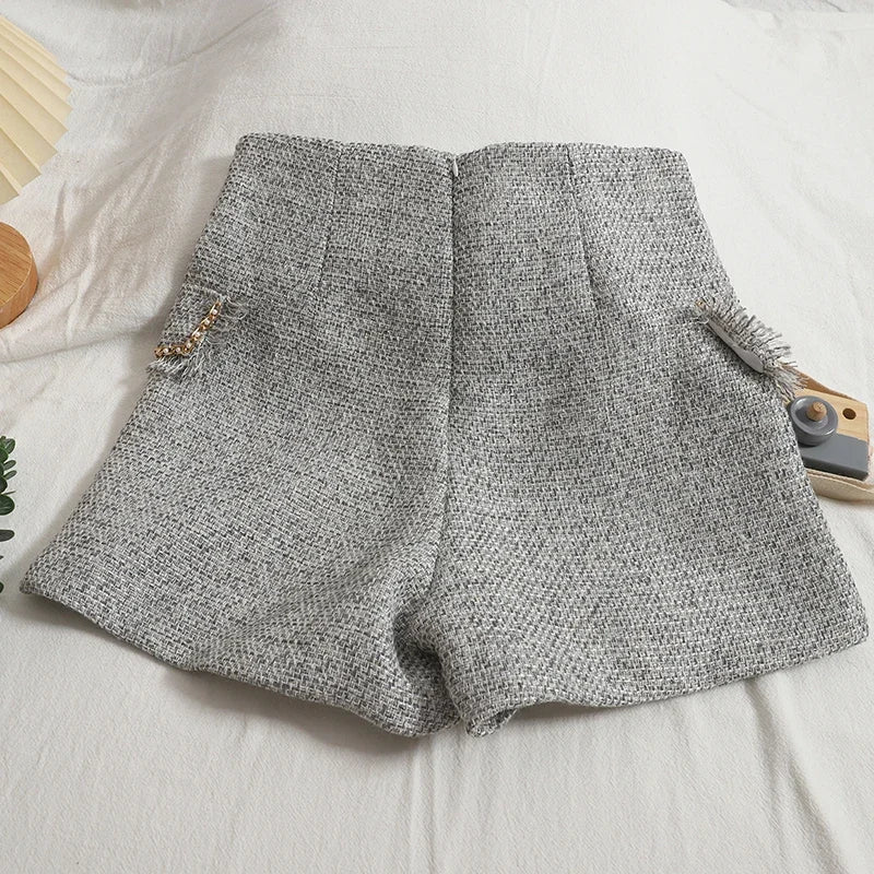 HELIAR Women Casual Office Shorts Tweed High Waist Shorts Buttons A-line Shorts Female Chic Trousers 2024 Spring Summer