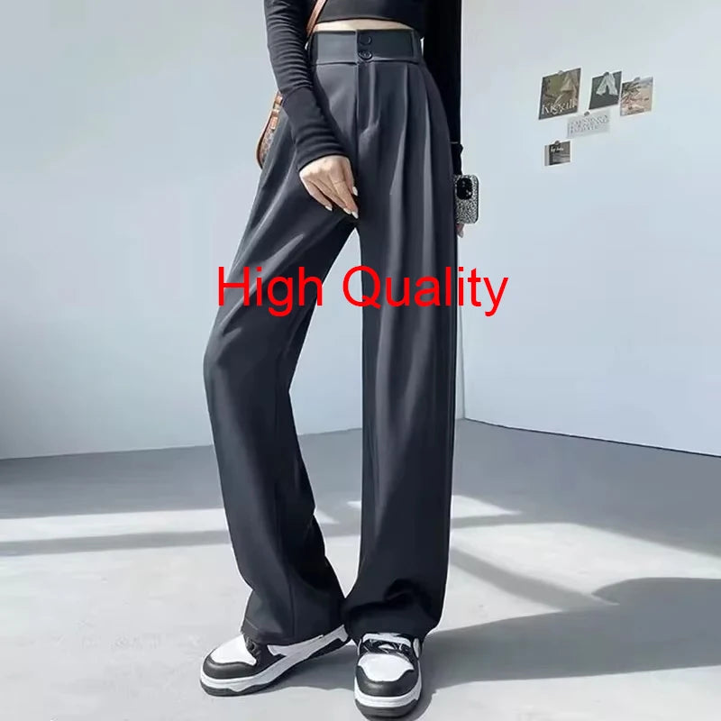 Women Fashion Suit Pants Lady Wide Straight Leg Classic Trousers Female Korean Mesh Linen Pants Stretch High Waist Basic Slacks