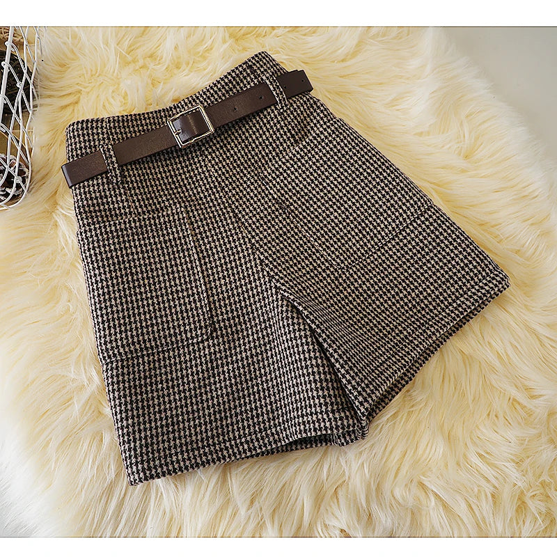 Houndstooth woolen shorts women's autumn and winter new high waist retro slim boots pantslarge size woolen pocket wide leg pants