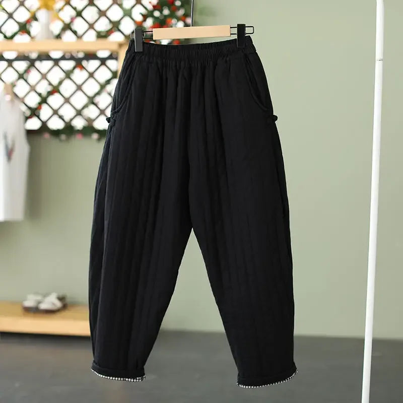 Pantalon d'hiver chaud en coton épais et rétro pour femme, taille élastique, ample et décontracté