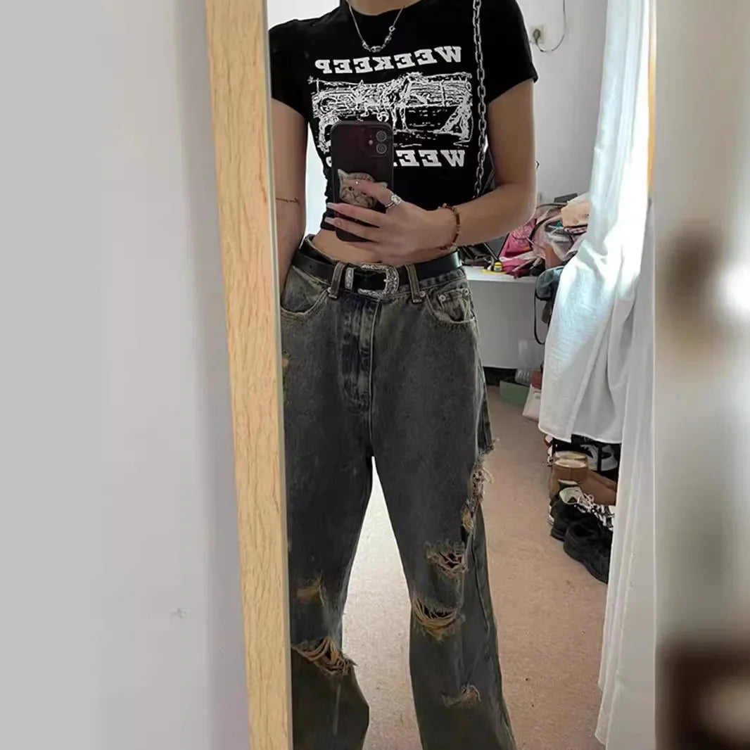 Trendy Loose-fit Wide-leg Jeans High-waisted Ripped Style European American Fashion For Women Summer 2023