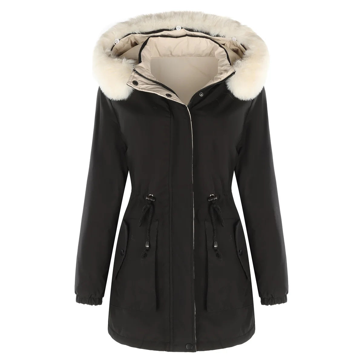 Veste  pour femme, veste en coton chaud double face, casquette amovible, manches longues, fermeture éclair, veste en coton épais, col en fourrure, Parkas