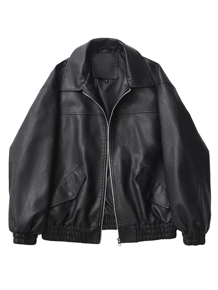 Ailegogo Streetwear Femmes Rétro Lâche Courte Pu Simili Cuir Veste Printemps Automne Femme Fermeture Éclair Manteau Vintage Moto Biker Vêtements D'extérieur