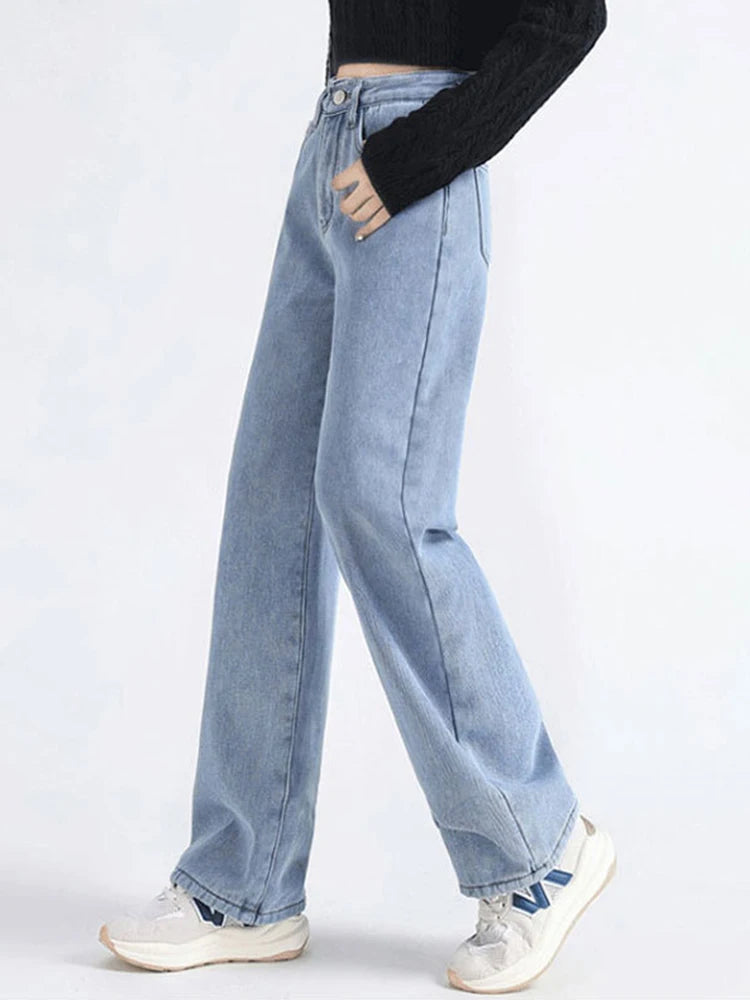 Winter Warm Baggy Straight Jeans Women Casual Thicken Velvet Lined Wide Leg Denim Pants Korean Vintage Solid High Waist Vaqueros