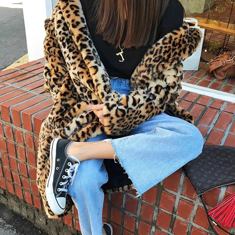 Women Winter Warm Long Coat Turn Down Collar Leopard Print Faux Fur Women Fur Long Coat Tops For Women Jackets Casaco Feminino