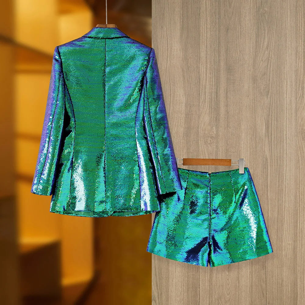 Ensemble 2 pièces blazer et short pour femme, vêtements accrocheurs, dégradé de couleurs scintillantes, paillettes vert foncé