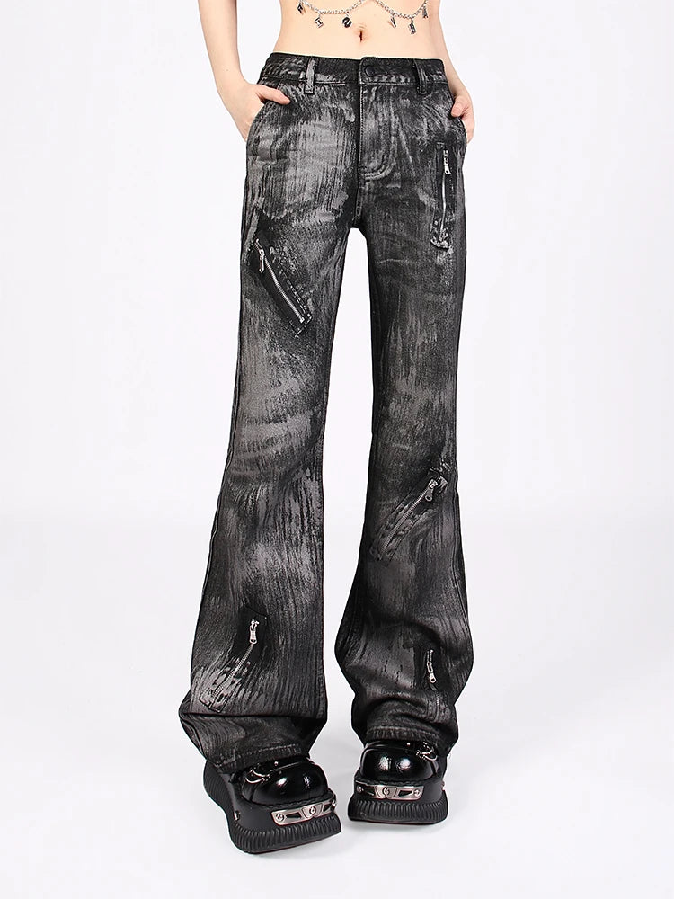 Women Goblin Core Cyber Punk Grunge Denim Pants 2000s Tie Dye Long Trousers Jeans Y2k Japanese Streetwear Gothic Dark Academia