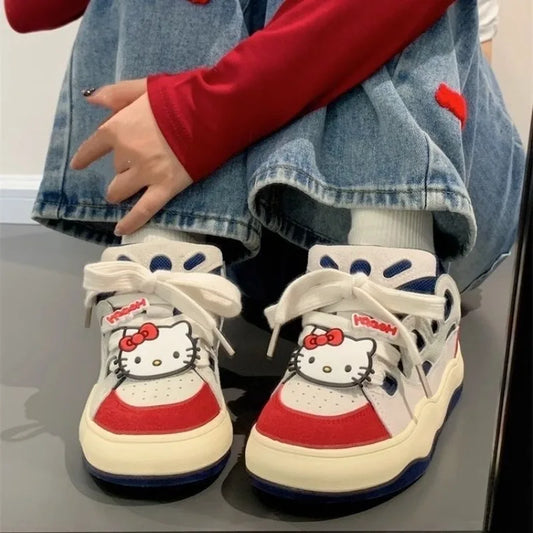 Sanrio Original Hello Kitty American Vintage Bread Shoes for Women 2024 New Versatile Student Sneakers Platform Skateboard Shoes