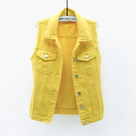 Women Single Breasted Denim Vest Autumn Winter Solid Casual Turn-down Collar Pocket Sleeveless Short Jean Coat Streetwear Female