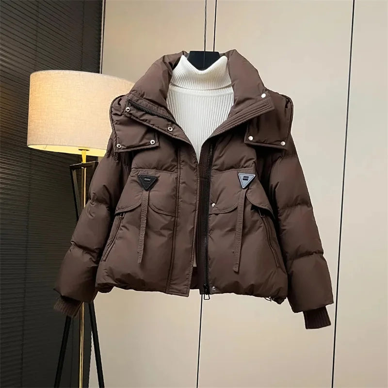 Veste courte à capuche en coton rembourré de couleur unie pour femme, manteau chaud pour femme, nouvelle collection hiver 2025, vêtements amples, tendance