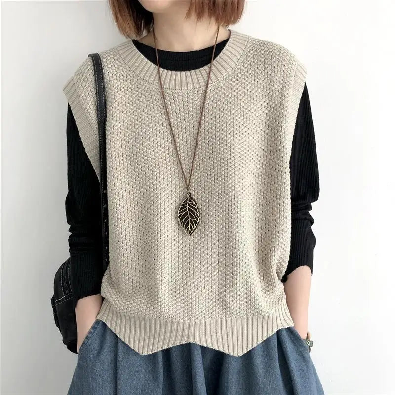 Summer Solid O-neck Asymmetrical Outerwear Single Wear Knitted Vest Women Patchwork Screw Thread Loose Versatile Sleeveless Top