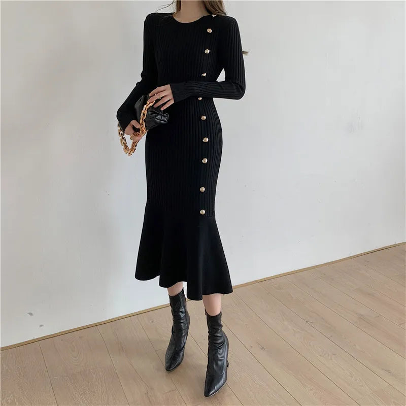 Vintage Midi Dresses for Women Clothing Long Sleeve Elegant Button Warm Trumpet Mermaid Knitted Sweater Bodycon Dress Winter New