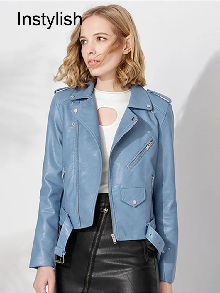 Women Autumn Winter Faux Leather Zipper Jacket Elegant PU Leather Lapel Crop Coat Vintage Motorcycle Biker Outwear with Belt