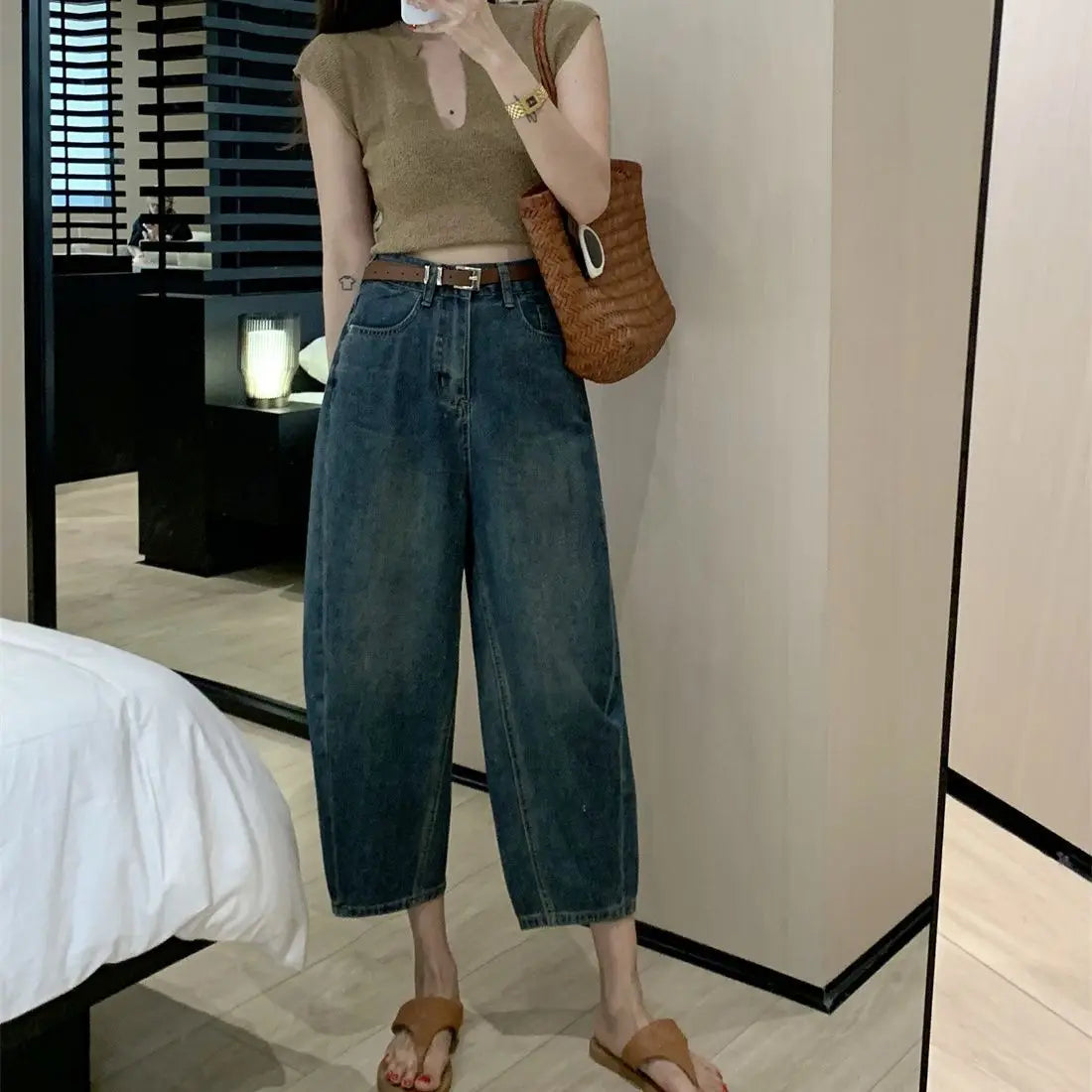 Harem Jeans Women Baggy Office Lady Comfortable Vintage Ankle-length Denim Blue Harajuku Ulzzang Leisure Streetwear High Waist