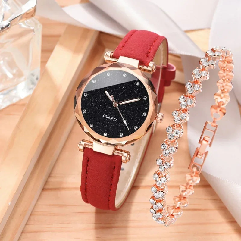 Ensemble de montres de luxe pour femmes, 2 pièces, bracelet en cuir PU, montre-bracelet à quartz pour dames, strass, bracelet en alliage or rose pour dames, cadeau