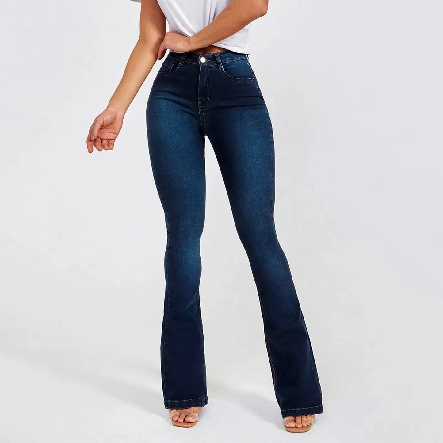 Jean évasé vintage taille haute pour femme, pantalon skinny décontracté à taille moyenne, poches, jean classique en denim, pantalon évasé