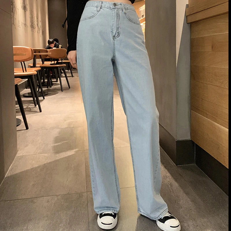 Woman High Waist Wide Leg Jeans Girls Casual Denim Straight Leg Pants Female White Black Blue Light Blue Beige Loose Trousers