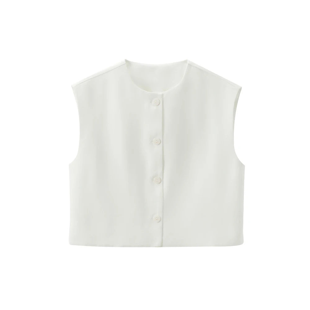 TRAF-Front Button Cropped Waistcoat for Women, O Neck, Sleeveless, Female Outerwear, Chic Tops, Fashion