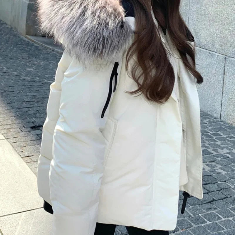 Manteau d'hiver blanc élégant et chaud pour femme, veste à capuche décontractée à fermeture éclair solide, style coréen, simple, vintage, parka,