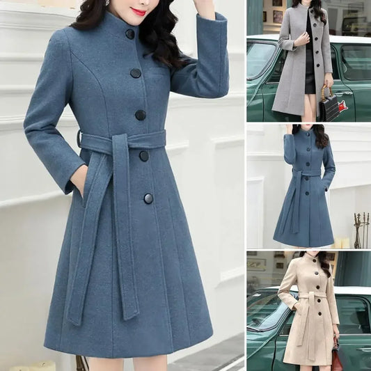 Trendy Women Outwear Long Sleeve Super Soft Women Woolen Coat  Slim Fit Belt Trench Coat