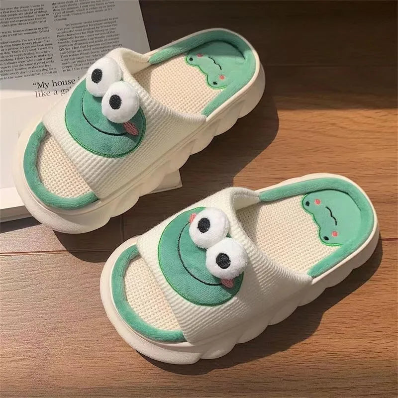 Women Cartoon Frog Slippers Winter Warm Indoor Home Slides Linen Thick Sole Couple Slipper Bedroom Anti Slip Shoes Sandals