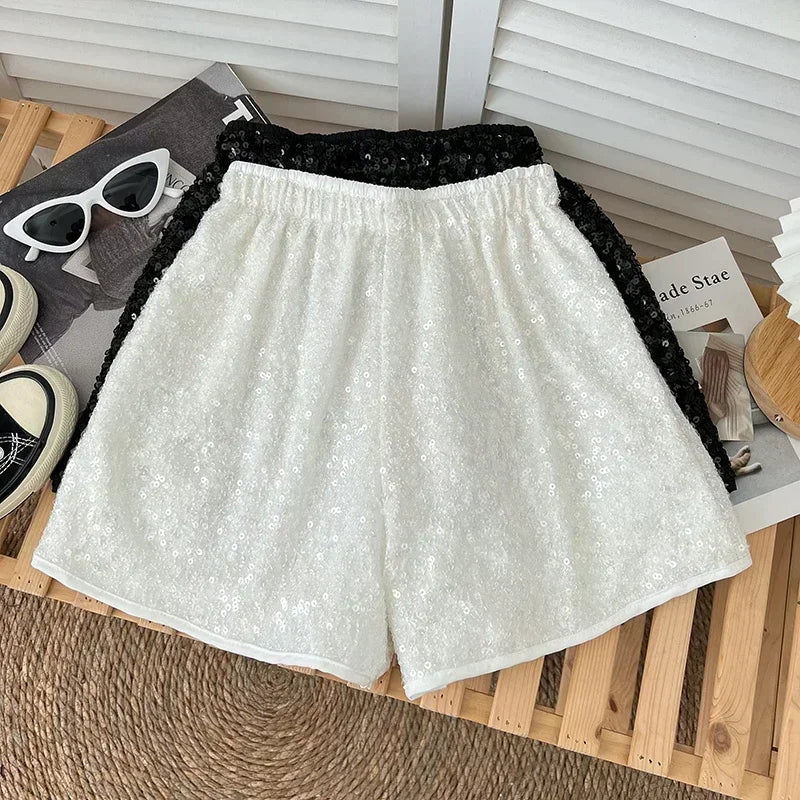 Korejpaa Women Shorts Chic Shiny Sequin Elastic Waist Wide Leg Pants Shorts Summer New Fashion Pantalones Cortos Femme