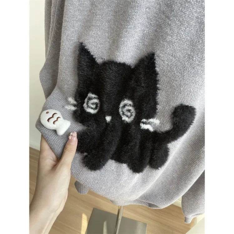 Harajuku Cute Black Cat O-neck Knitted Pullover 2025 Spring Autum New Tops Women Y2k Long Sleeve Loose Sweaters Mujer