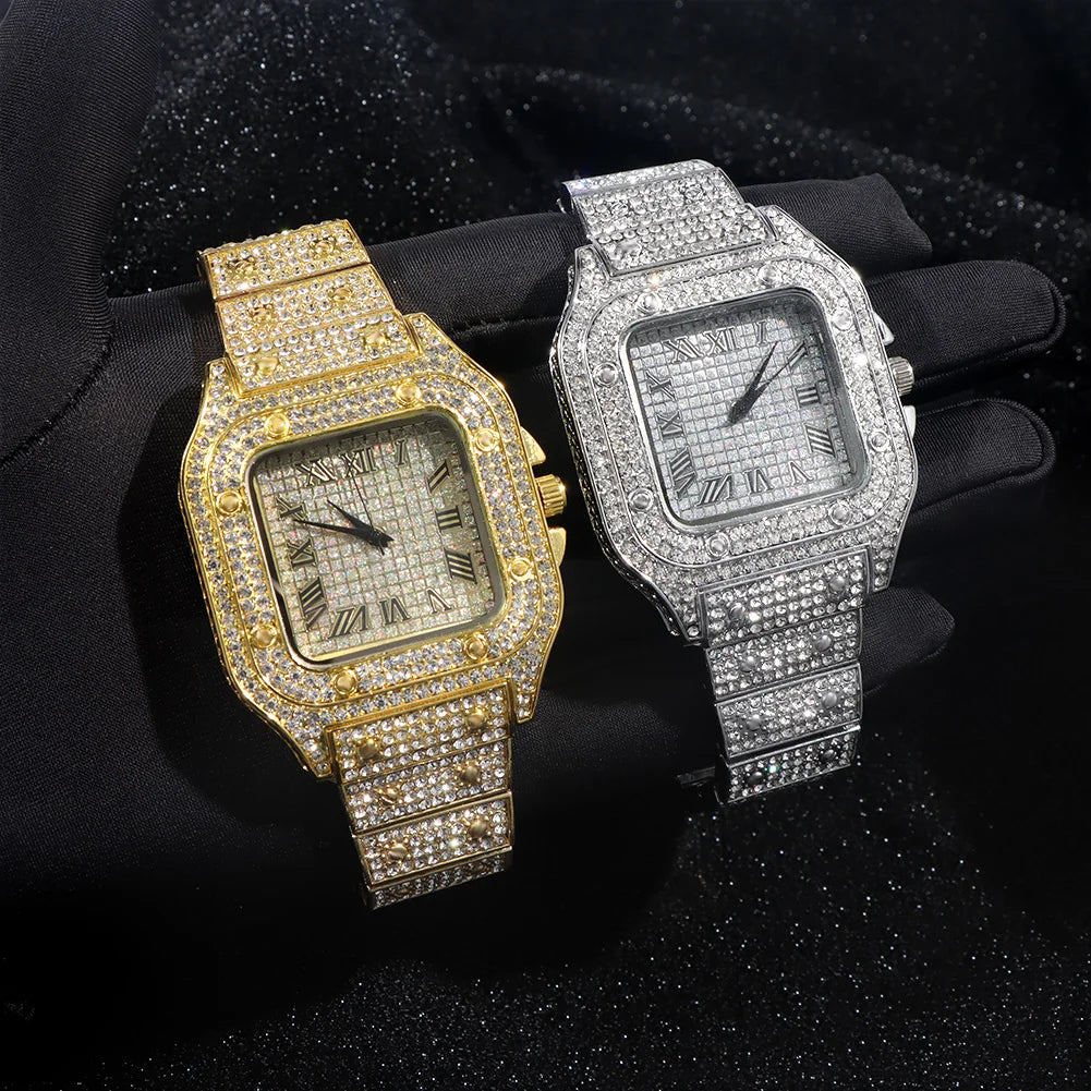 Montres à la mode entièrement glacées pour hommes et femmes, montre carrée en acier inoxydable, strass de luxe, montre à quartz carrée, cadeau de fête Hip Hop