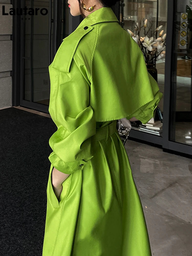 Lautaro Spring Autumn Long Oversized Bright Green Faux Leather Trench Coat for Women Belt Loose Stylish Luxury Designer Clothing