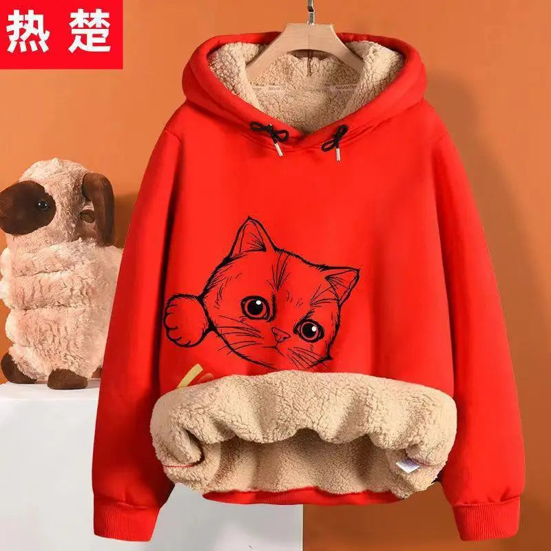 Inner Lining Composite Lamb Fleece Sweatshirt Thick Winter Loose Keep Warm Hoodie Peeking Cartoon Cat Women's Oversized Pullover