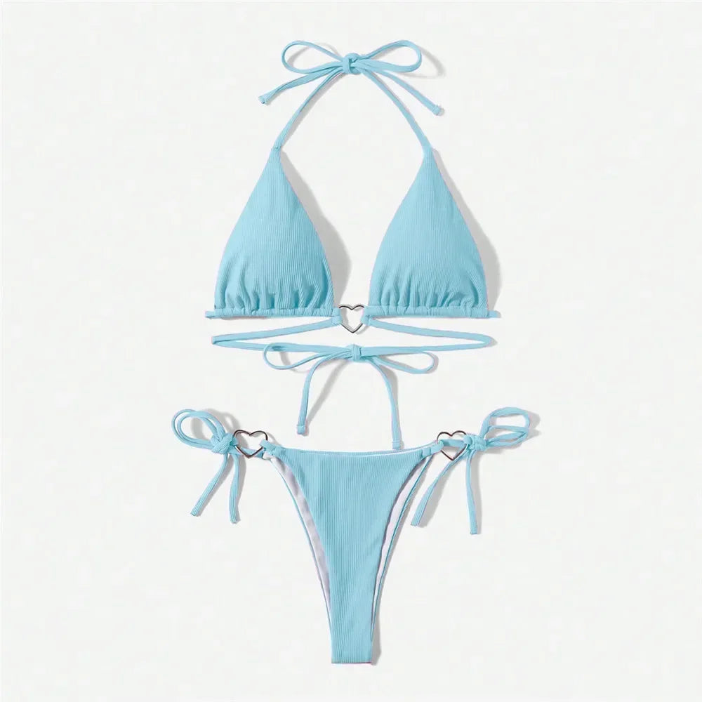 Maillot de bain sexy bleu clair pour femmes, triangle, licou, string, micro, bikini, string, anneau de cœur, 2025