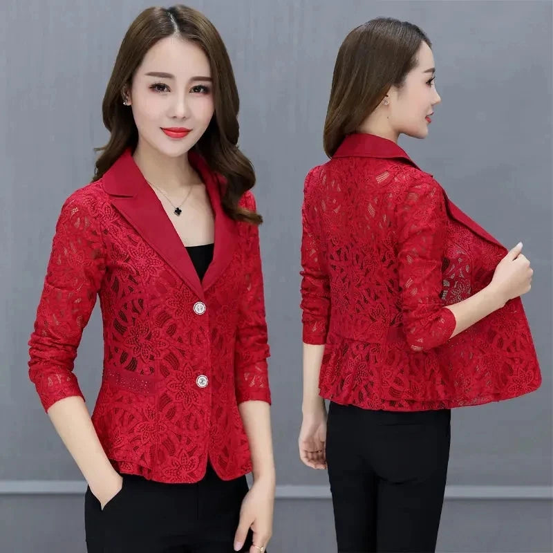 Spring Summer Jacket Womens 2024 Long Sleeve V-neck Office Women Jacket Jacket Black White Hollow Lace Jacket Coat Female