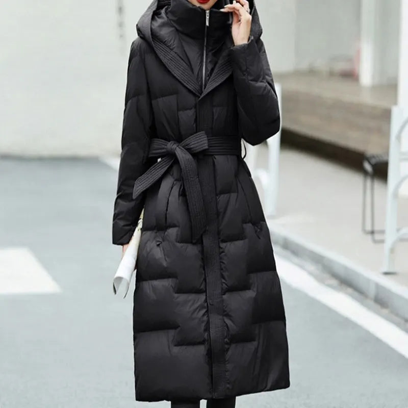 FTLZZ Winter Women White Duck Down Coat Lady Hooded Zipper Long Outwear Casual Thick Warm Solid Coat with Belt